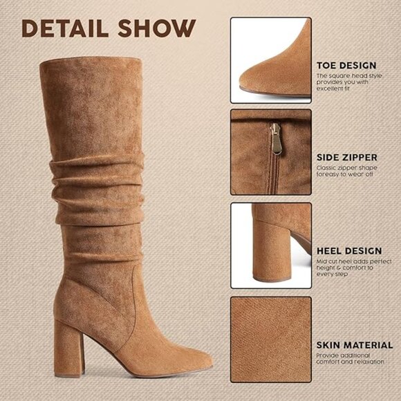 Knee High Boots Womens Wide Calf Suede Tall Booties Pointed Toe Slouchy-Brown - Picture 4 of 5